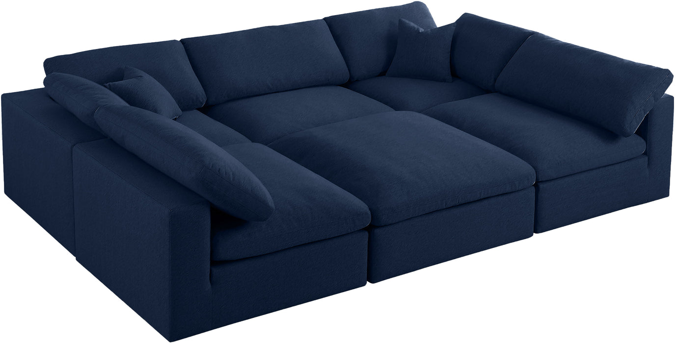 Serene - Linen Textured Fabric Deluxe Comfort Modular Sectional 6 Piece - Navy - Fabric